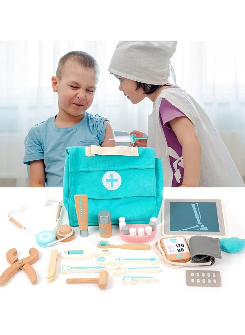 Wooden Doctor Kit for Kids Pretend Toy 18 PCS Doctor Playset for Toddlers Montessori Toys Dentist Kit for Over 3 Years Old
