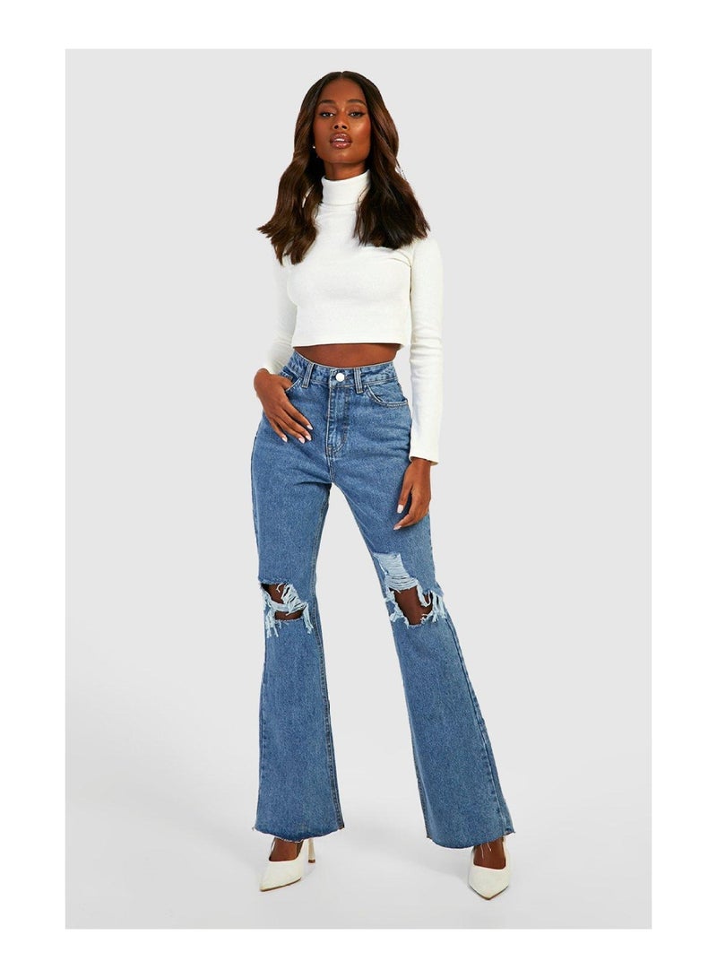 High Waisted Ripped Flared Jeans