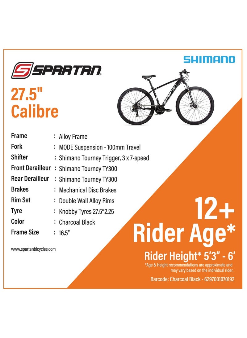 Spartan Calibre Hardtail Mountain Bicycle| Lightweight alloy frame & rims | Gear | Disc brakes | Front Suspension Bike and Shimano Shifters | Black | Size 27.5 Inches