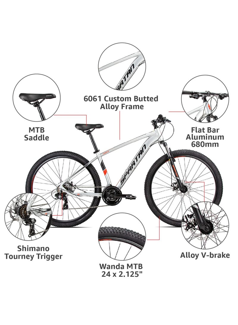 Spartan Calibre Hardtail Mountain Bicycle| Lightweight alloy frame & rims | Gear | Disc brakes | Front Suspension Bike and Shimano Shifters | Silver | Size 27.5 Inches