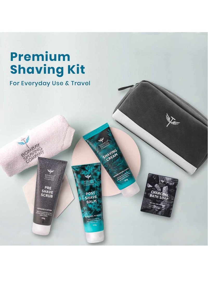 Premium Grooming and Shaving Kit Gift Hamper for Men Pre Shave Scrub Shaving Cream Post Shave Balm Charcoal Soap Towel Shaving Kit Bag Gift For Men Husband Boyfriend