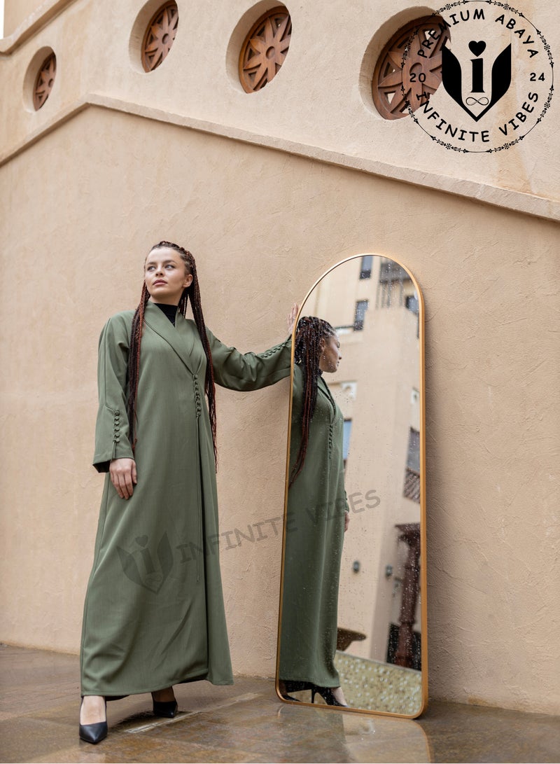 Elegant jade green abaya with collar details and front button, with shayla