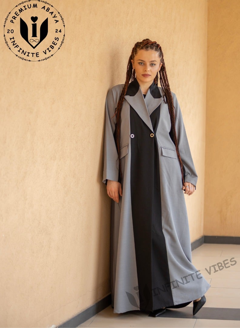 Contemporary Charm: Dual Color Abaya with Modern Collar and Black Sheila ( BLACK - GREY)