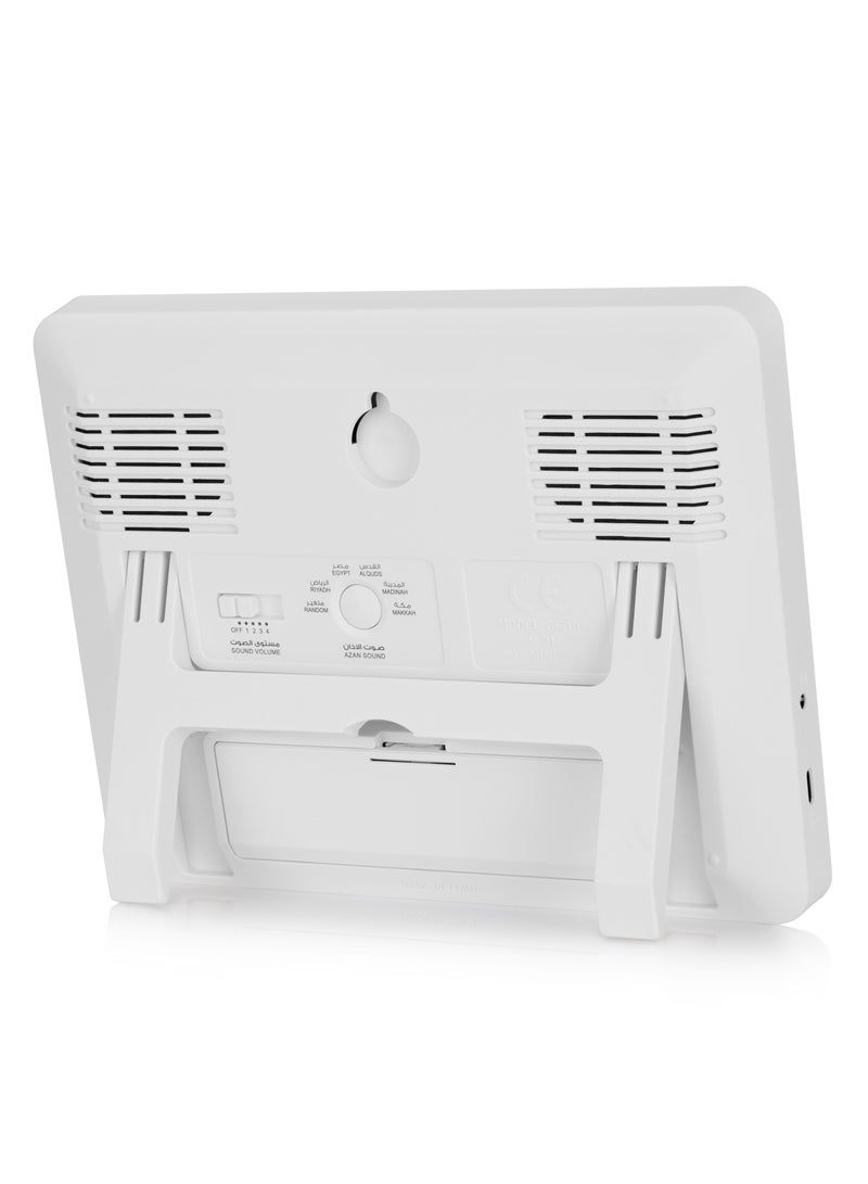 AlFajr Azan Alarm Clock CF-19 White - Automatic Azan Five Times in 5 Different Voices - Simplified Manual for USA Cities (White)