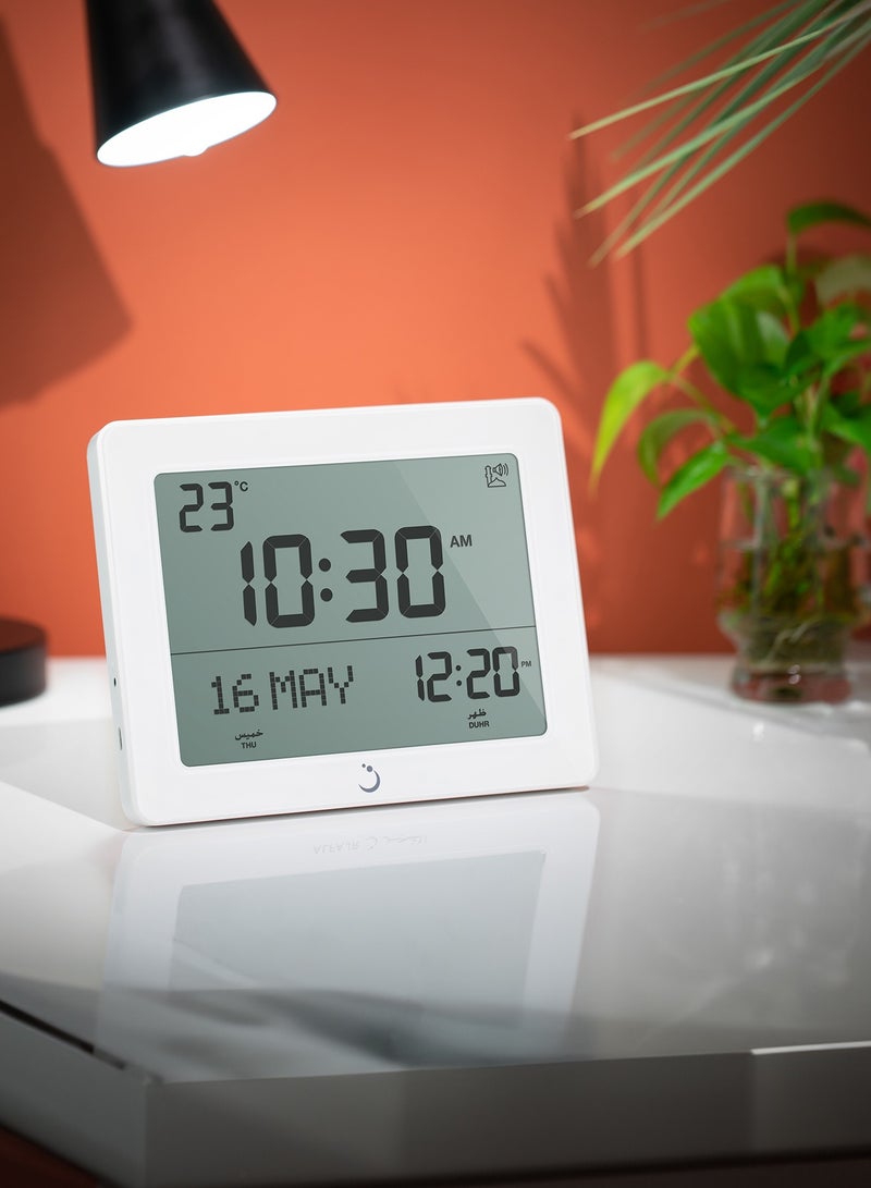 AlFajr Azan Alarm Clock CF-19 White - Automatic Azan Five Times in 5 Different Voices - Simplified Manual for USA Cities (White)