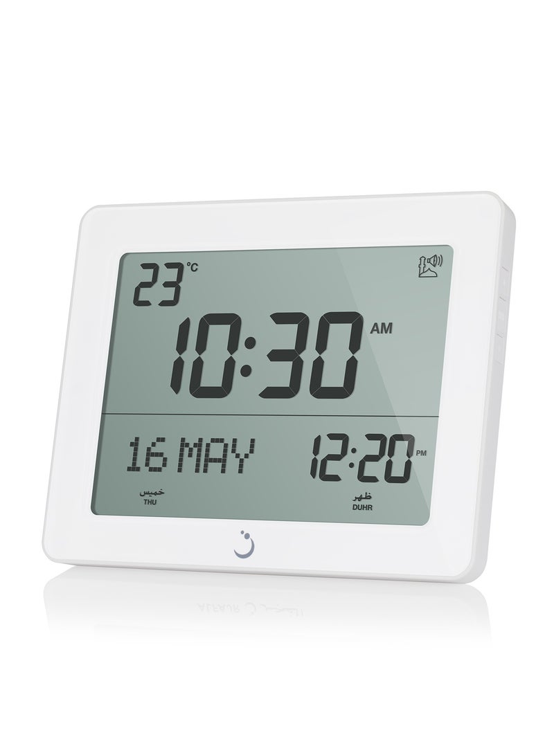AlFajr Azan Alarm Clock CF-19 White - Automatic Azan Five Times in 5 Different Voices - Simplified Manual for USA Cities (White)
