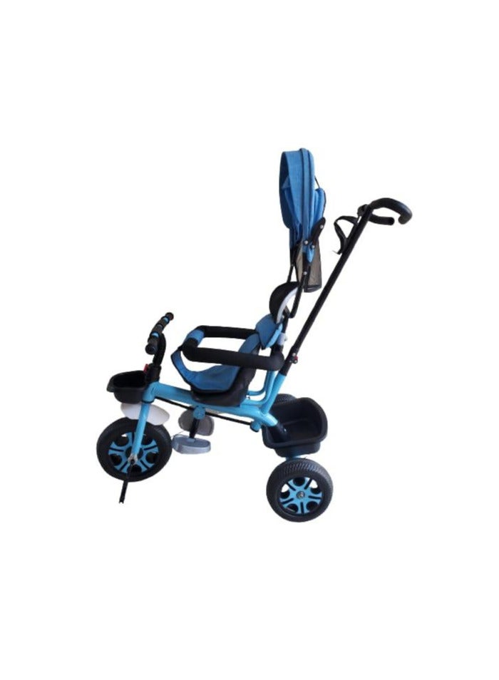 Pushing comfortable Tricycle with Sunlight cover and bell, Baby Trike with Pushing Handle, kids Tricycle with Basket and Storage Box, Toddler Tricycle with Footrest and Seat Belt, Blue Colour