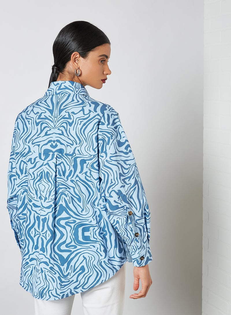 All Over Patterned Oversized Shirt Blue