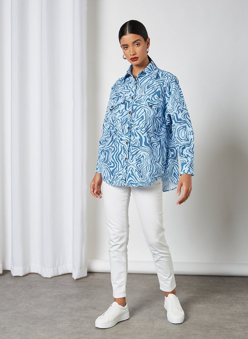 All Over Patterned Oversized Shirt Blue