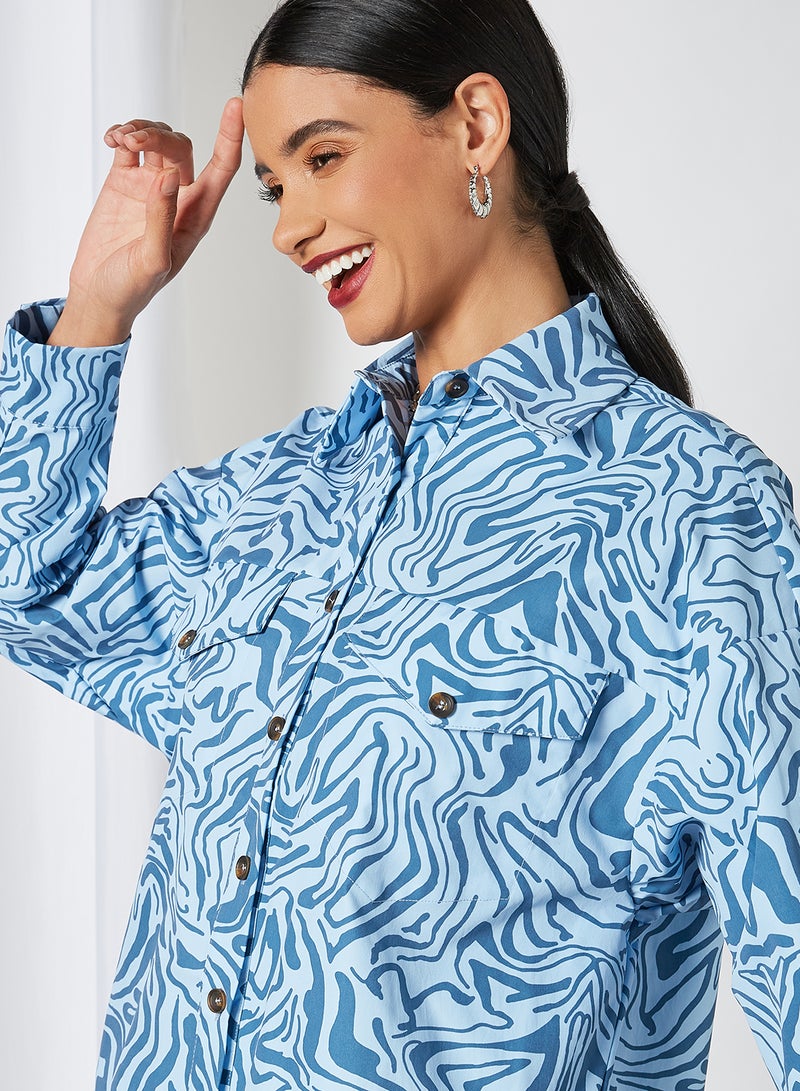 All Over Patterned Oversized Shirt Blue