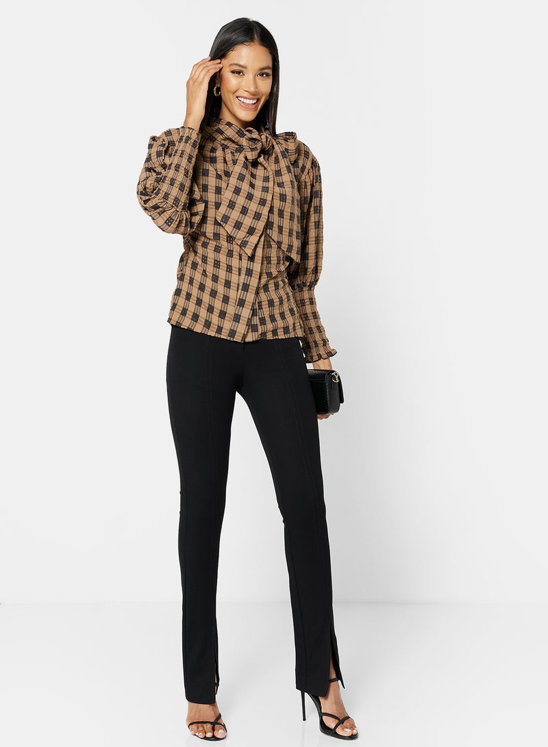 Checkered Neck Tie Shirt Brown