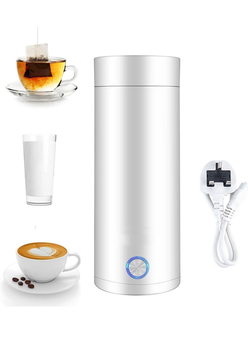 Portable Electric Kettle 400ml Travel Tea with Non stick Coating Double Wall Water Boiler Bottle Insulated Coffee Thermos Mug Fast Boil and Auto Shut Off Hot Heater (White)