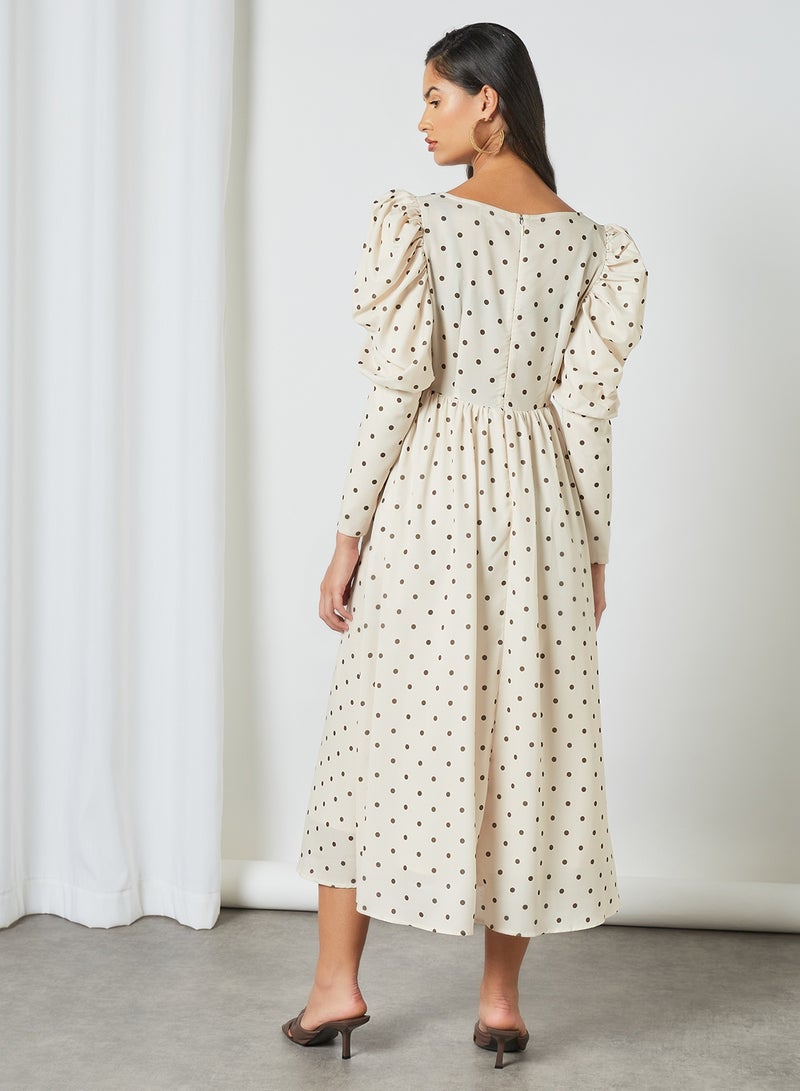 All-Over Dot Print Dress Cream