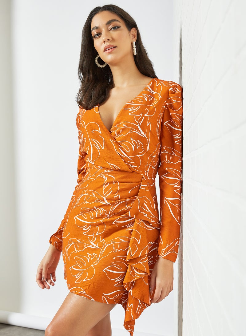 Printed Wrap Dress Orange
