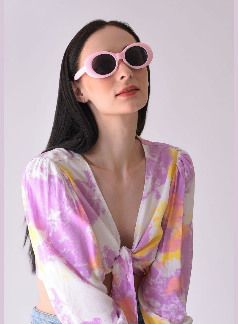 Women Black Lens Pink Oval Sunglasses