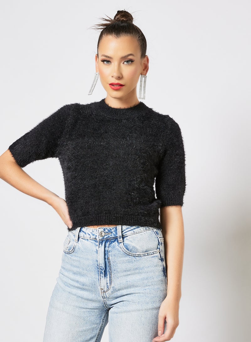 Fluffy Knit Sweater Top Black