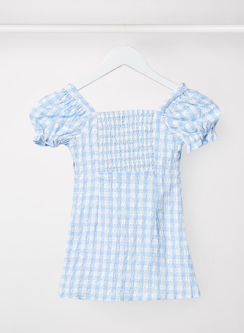 Kids/Teen Gingham Print Broderie Dress Blue