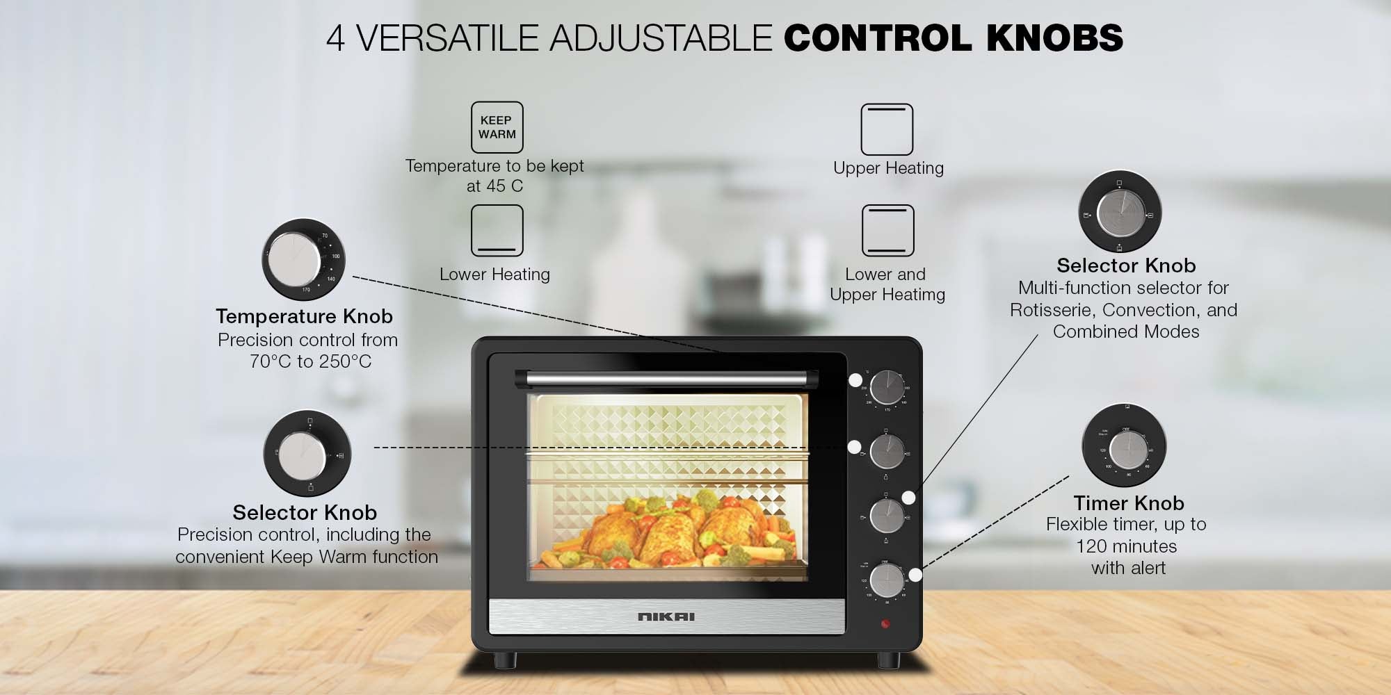 Electric Oven, , Adjustable Temperature, 4 Stages Heating, 60-Min Timer With Bell, High-Efficiency S.S. Heating, Rotisserie And Convection, Inside Light, Keep Warm Function 65 L 2200 W NT6500SRC2 Black