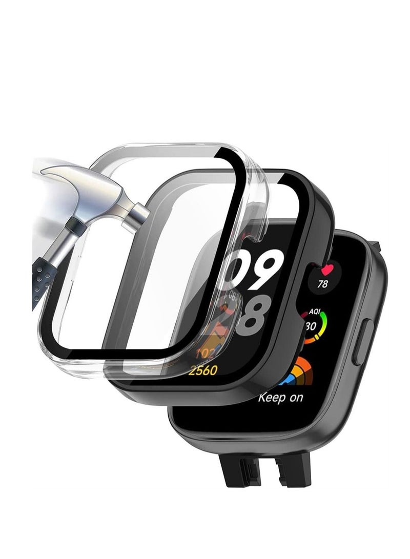 2 Pcs Case With Tempered Glass Screen Protector Compatible for Xiaomi Redmi Watch 3, 9H Hardness All-round Protective Cover Ultra-thin PC for, Black and Transparent