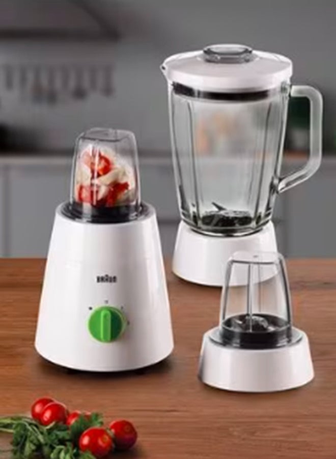 Blender 3 in 1, Glass Jug, 2 Speeds, Pulse Function, Multi Mill, Grinder Mill, 1.75 L 500 W JB0153WH White