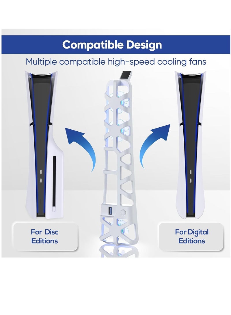 Cooling Fan for PS5 Slim Console Quiet Cooling System with Memory Function and LED Light Cooler with 3 High-Speed Fans & USB 3.0 Port for PS5 Slim Digital & Discs Edition