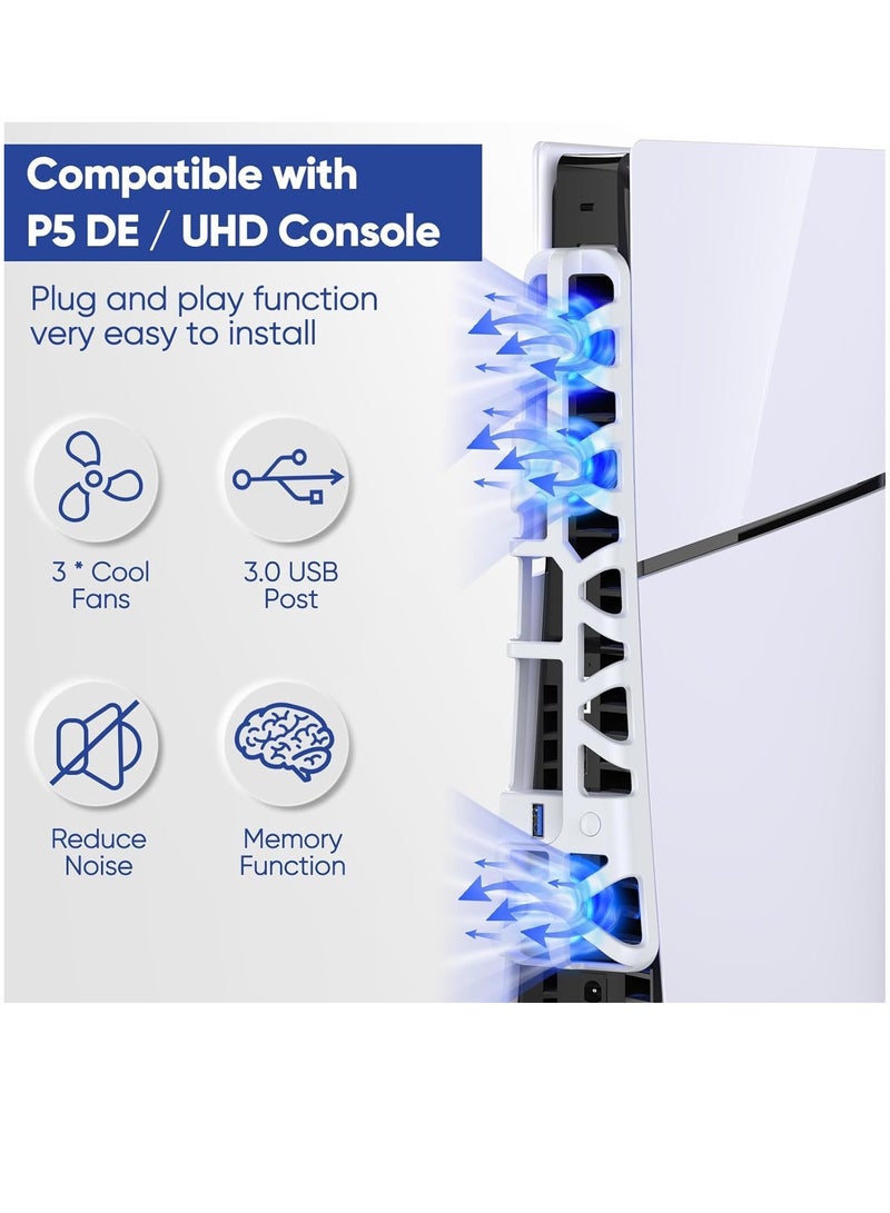 Cooling Fan for PS5 Slim Console Quiet Cooling System with Memory Function and LED Light Cooler with 3 High-Speed Fans & USB 3.0 Port for PS5 Slim Digital & Discs Edition