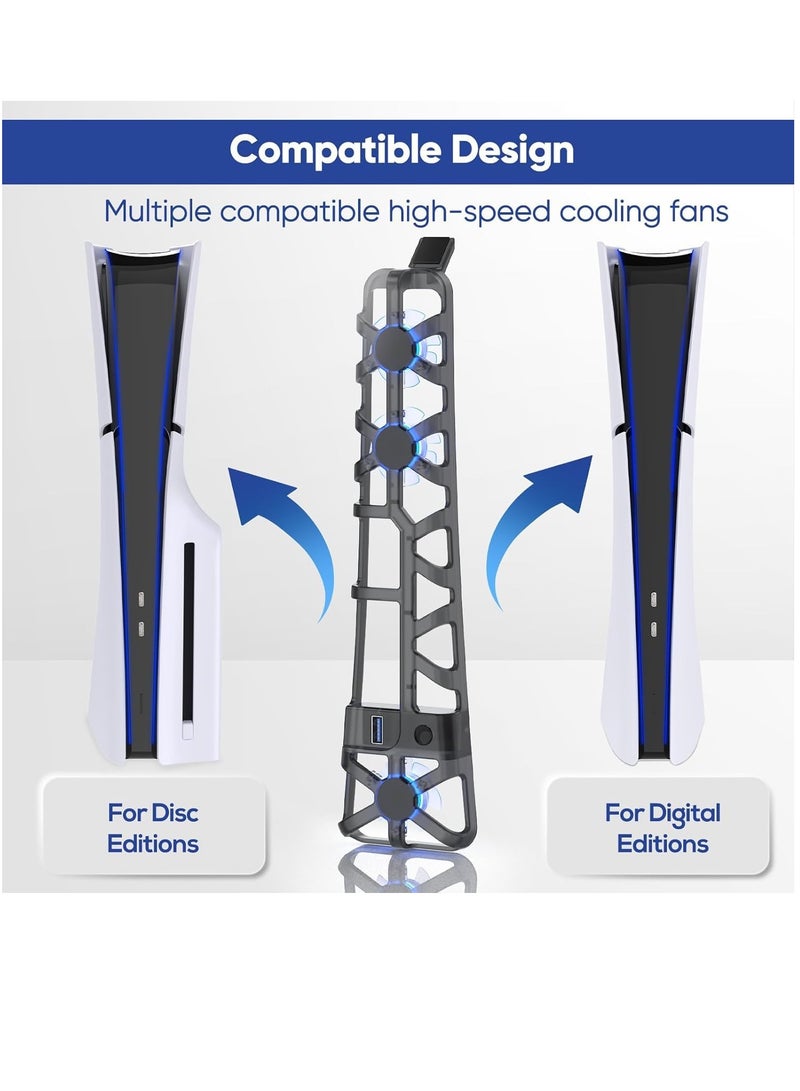 Cooling Fan for PS5 Slim Console Quiet Cooling System with Memory Function and LED Light and USB 3.0 Port for PS5 Slim Digital & Discs Edition.