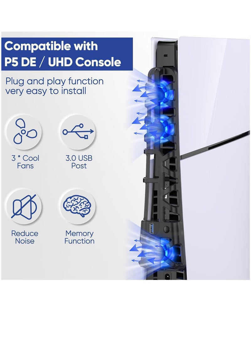 Cooling Fan for PS5 Slim Console Quiet Cooling System with Memory Function and LED Light and USB 3.0 Port for PS5 Slim Digital & Discs Edition.