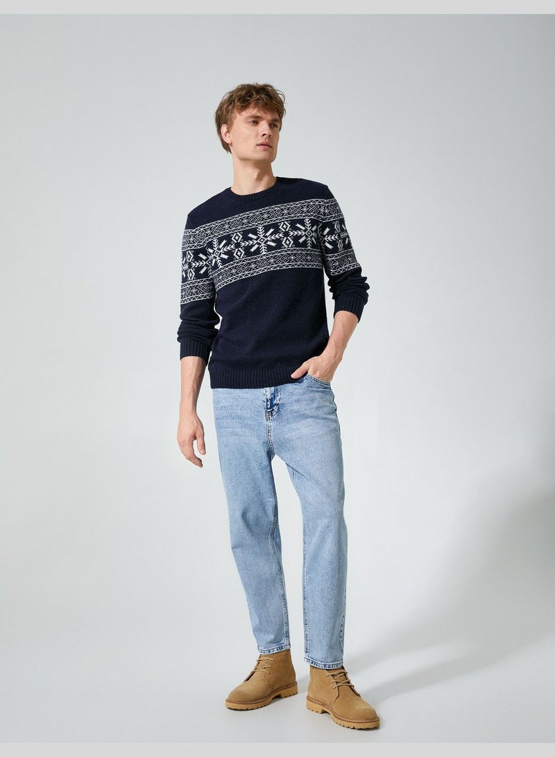 Crew Neck Sweater Ethnic Patterned Wool Blend