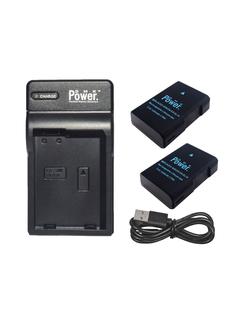 DMK Power 2 x EN-EL14 Battery 1030mAh 7.7Wh with TC-USB1 Battery Charger Compatible with Nikon D5600 D5500 D5200 D5300 D5100 D3400 D3300 D3200 D3100 Coolpix P7000 P7100 P7200 P7700 P7800 Cameras