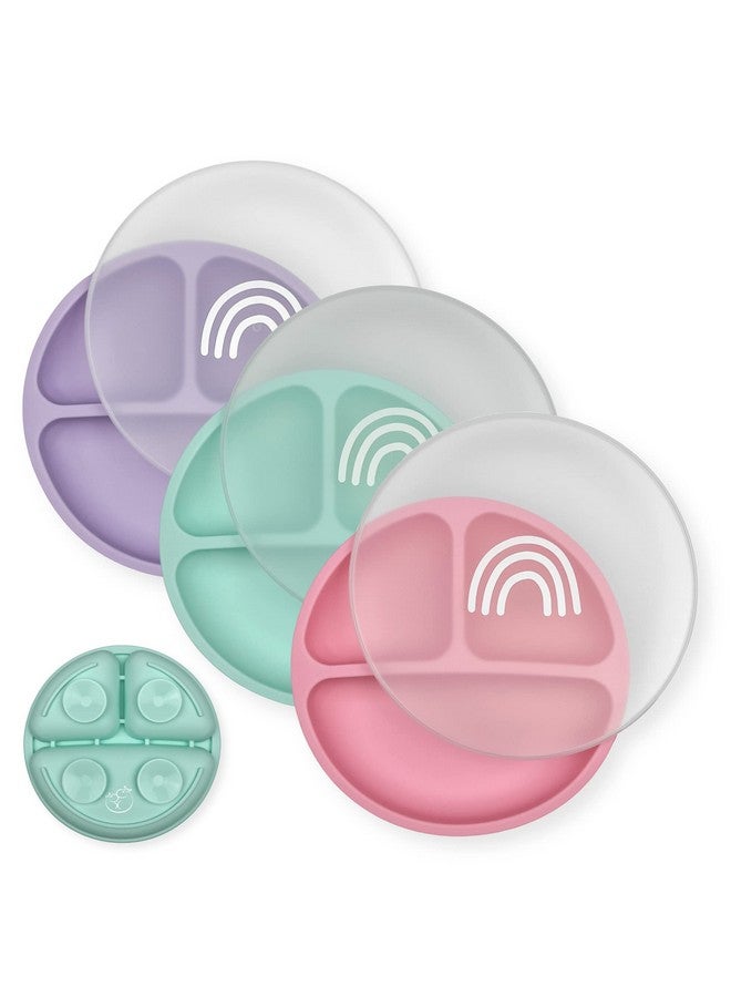 Toddler Plates With Suction Baby Plates 100% Foodgrade Silicone Divided Plates Bpa Free Dishwasher Safe Set Of 3 (Sageblushnude) (Pinkmintlavender With Lids)