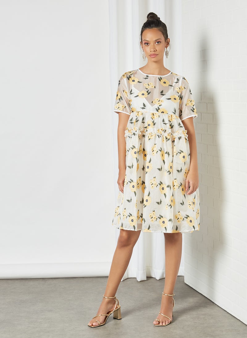 Floral Flare Hem Dress Ivory