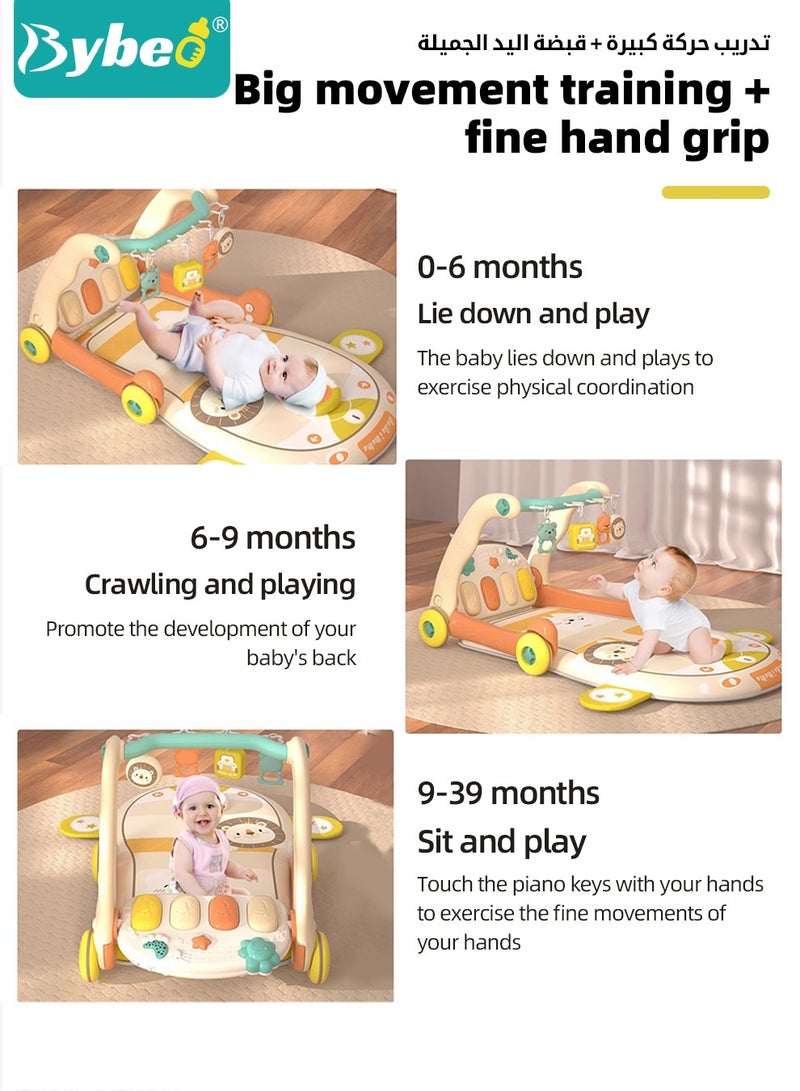 4 In 1 Baby Playmat & Push Learning Walker, Infant Play Piano Gym Activity Center With Walkers, Learning Walking Stroller, Tummy Time Play Mat, Baby Walker Fitness Rack With Musical Keyboard And Toys