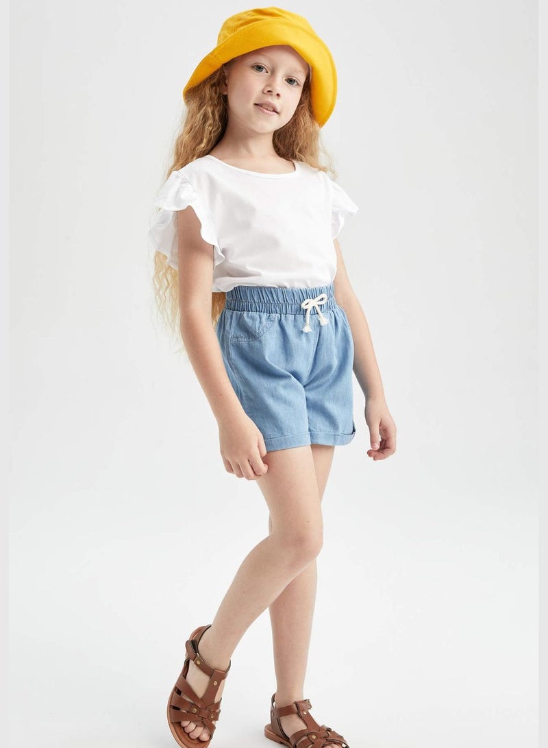 Relaxed Fit Stretch Denim Jean Shorts With Drawstring Tie