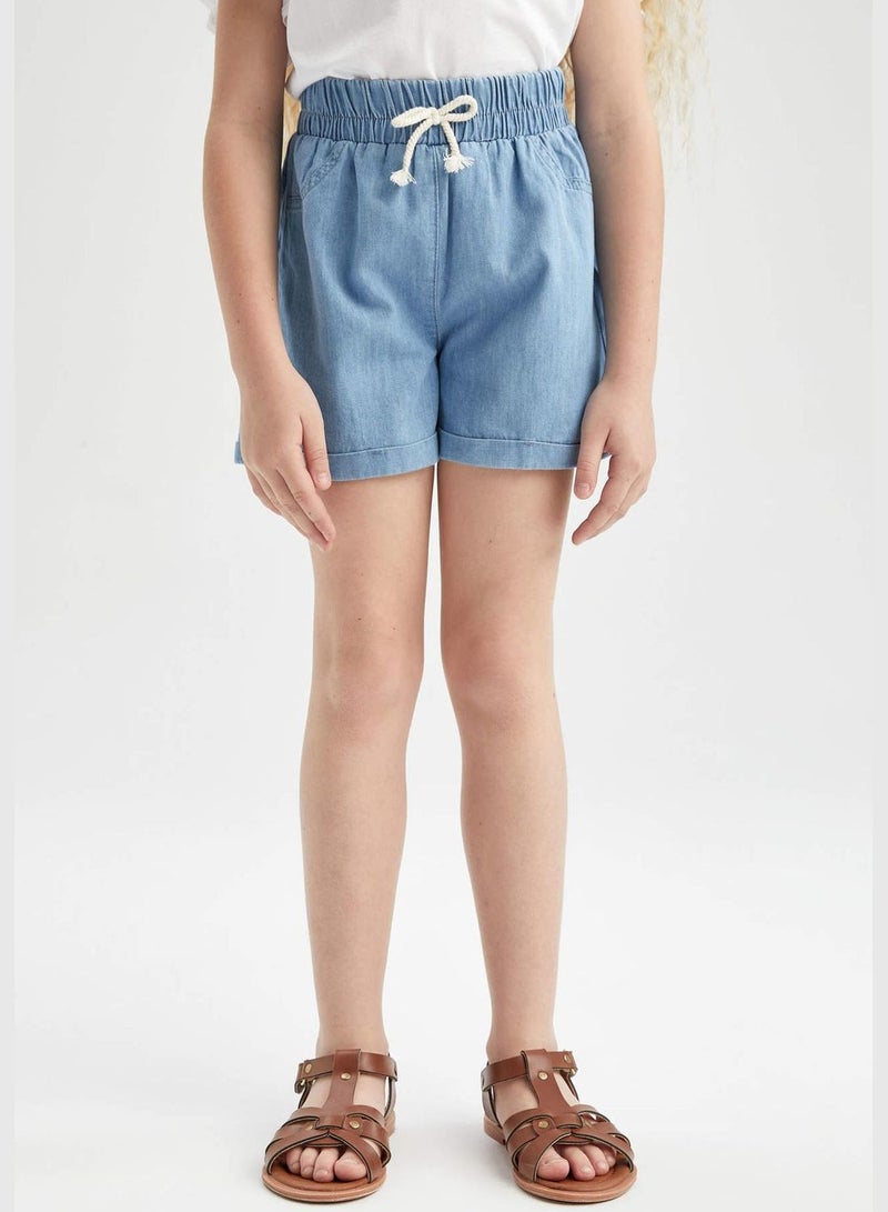 Relaxed Fit Stretch Denim Jean Shorts With Drawstring Tie