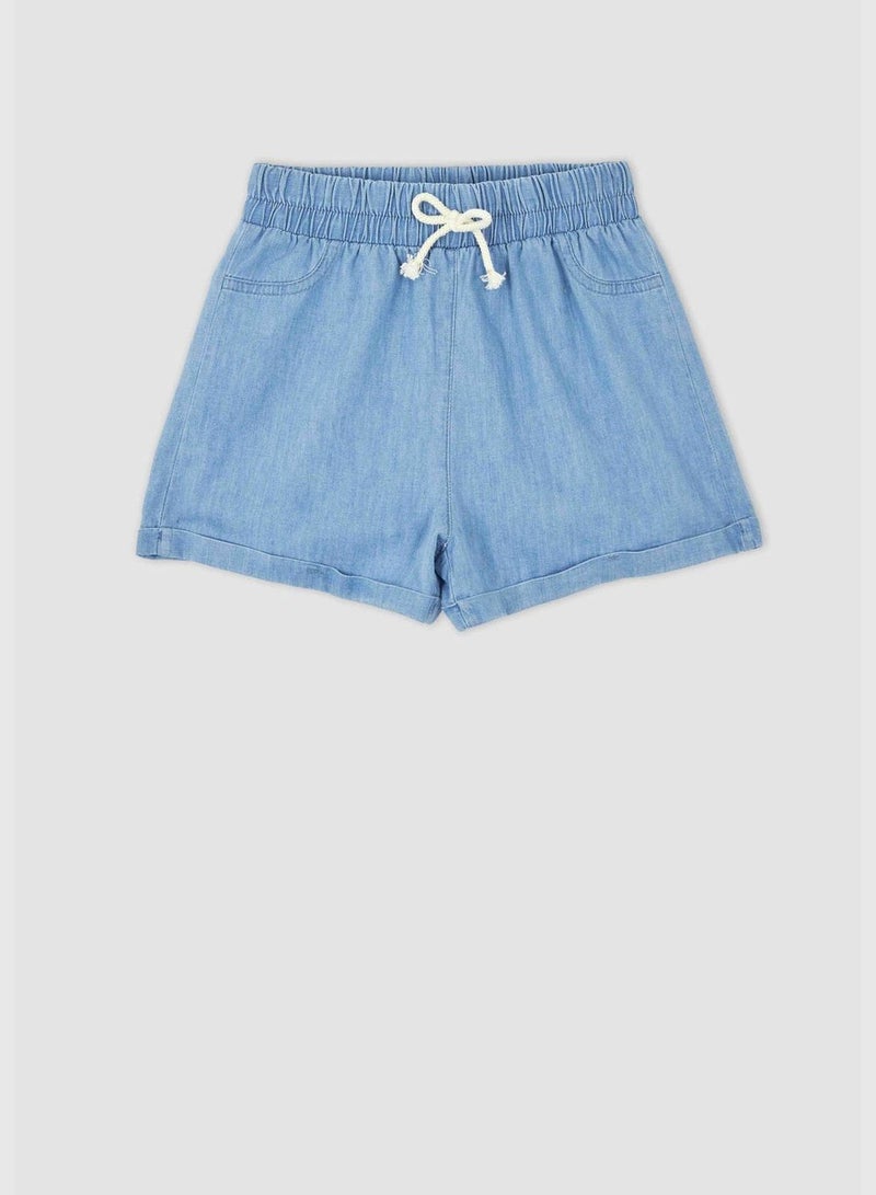 Relaxed Fit Stretch Denim Jean Shorts With Drawstring Tie