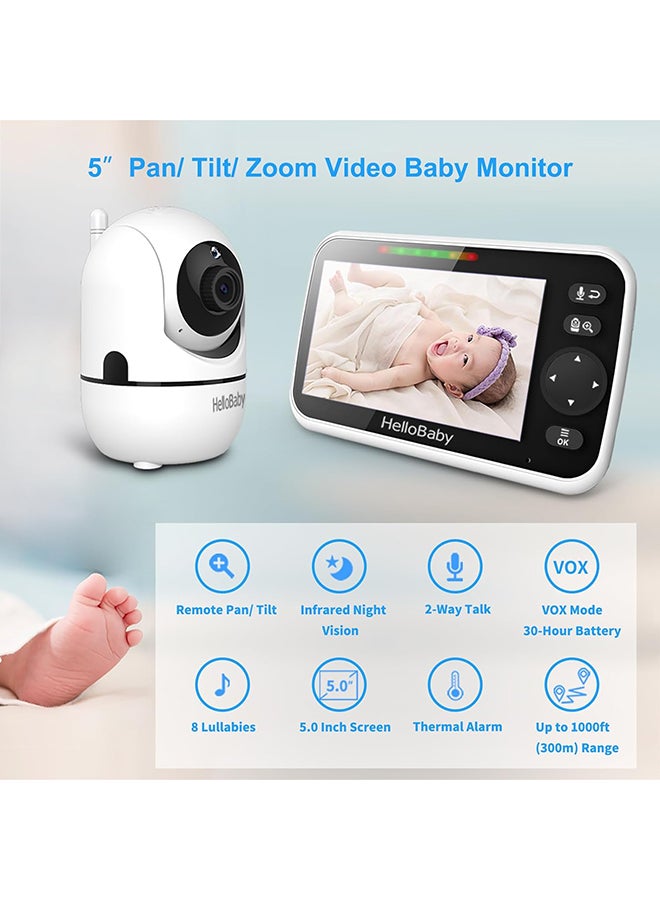 Upgrade Monitor, 5'' Sreen With 30-Hour Battery, Pan-Tilt-Zoom Video Baby Monitor With Camera And Audio