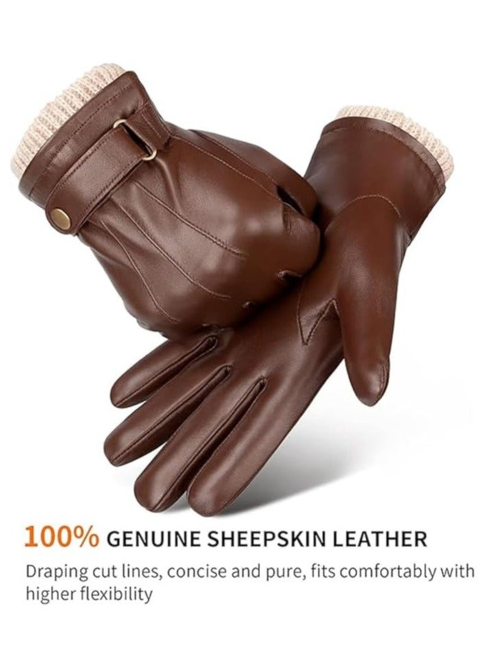 Men's Winter Warm Touchscreen Leather Gloves Adjustable Thermal Driving PU Leather Gloves (L)