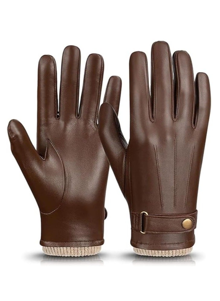 Men's Winter Warm Touchscreen Leather Gloves Adjustable Thermal Driving PU Leather Gloves (L)