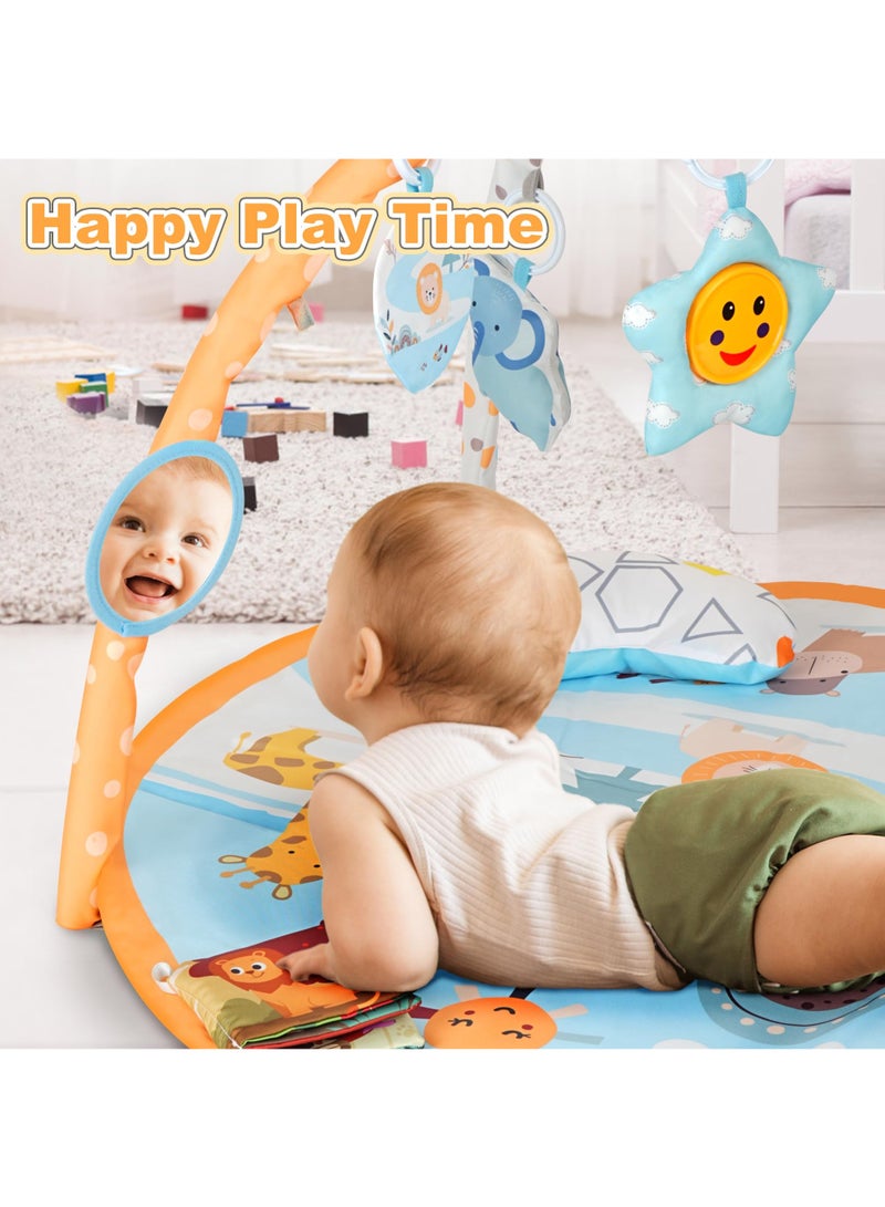 Baby Play Gym Mat,Baby Play Mat Activity Gym, Activity Mat for Baby with 6 Toys and Pillow, Tummy Time Play Mat Orange