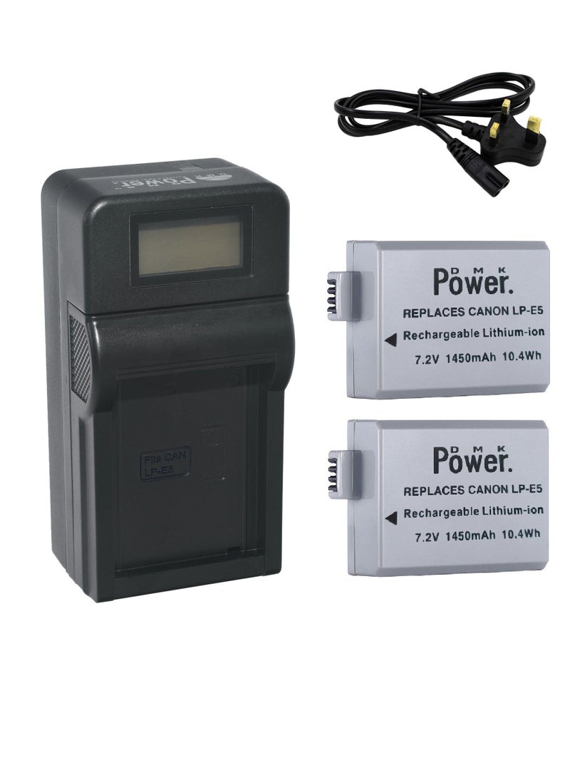 DMK Power 2 x LP-E5 Battery and TC1000 Battery Charger Compatible with Canon Eos Digital Rebel Xsi 450d Lpe5 Lc-e5 1000d 500d Lpe5 Lc-e5 1000d 500d Xsi X3 Camera