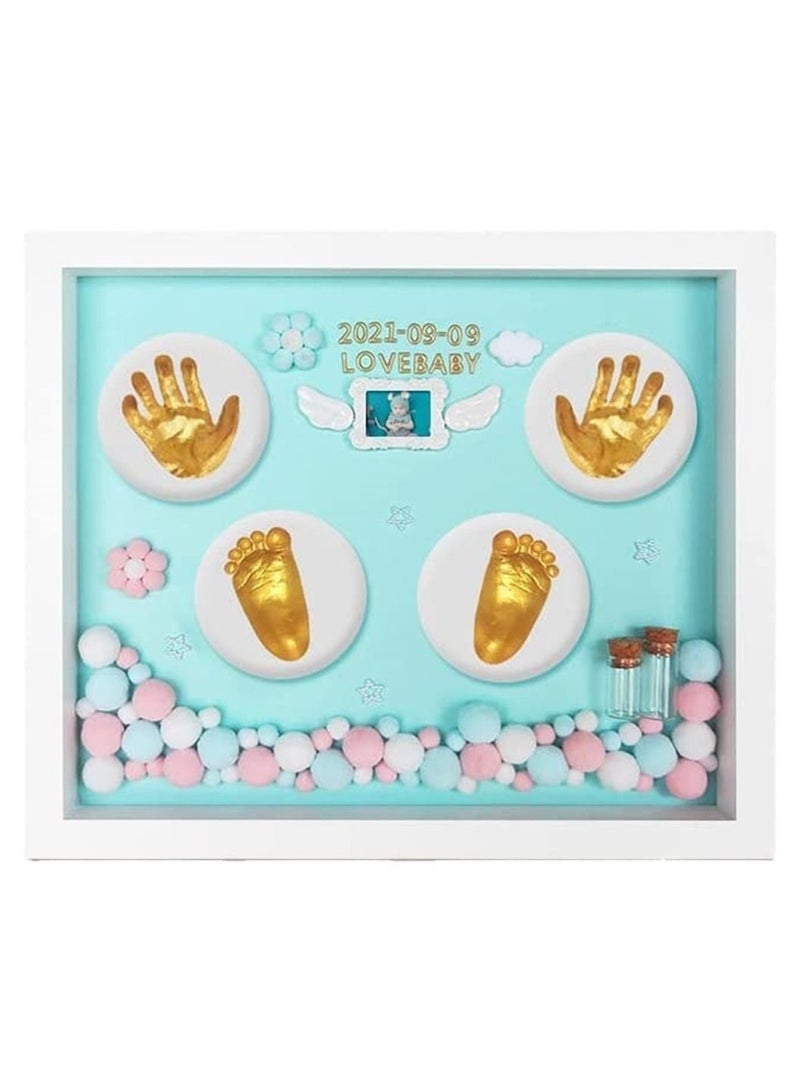 Baby Footprint Kit, Handprint Keepsake Gifts Photo Album Decorations Memorial Set, Unique Ornament for Boy Girl, Nursery Memory Art Kit Frames(BLUE)