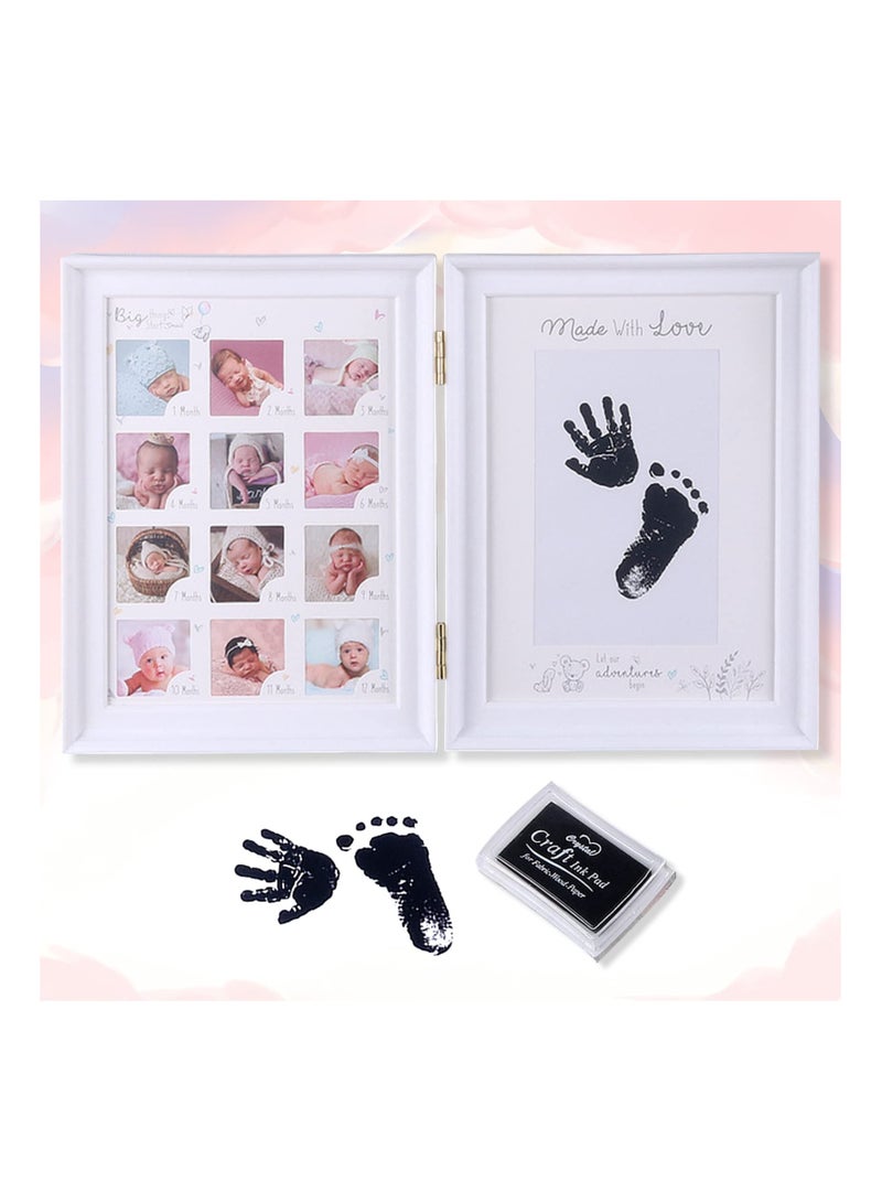 Baby Hand and Footprint Kit Framed Photo Anniversary Growth Record Gifts Reusable Ink Cartridge Frame Foldable White