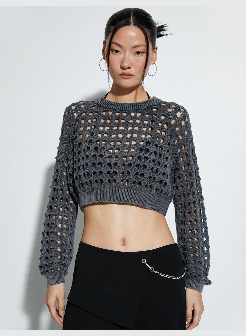 Long Sleeve Crew Neck Ajoure Crop Sweater