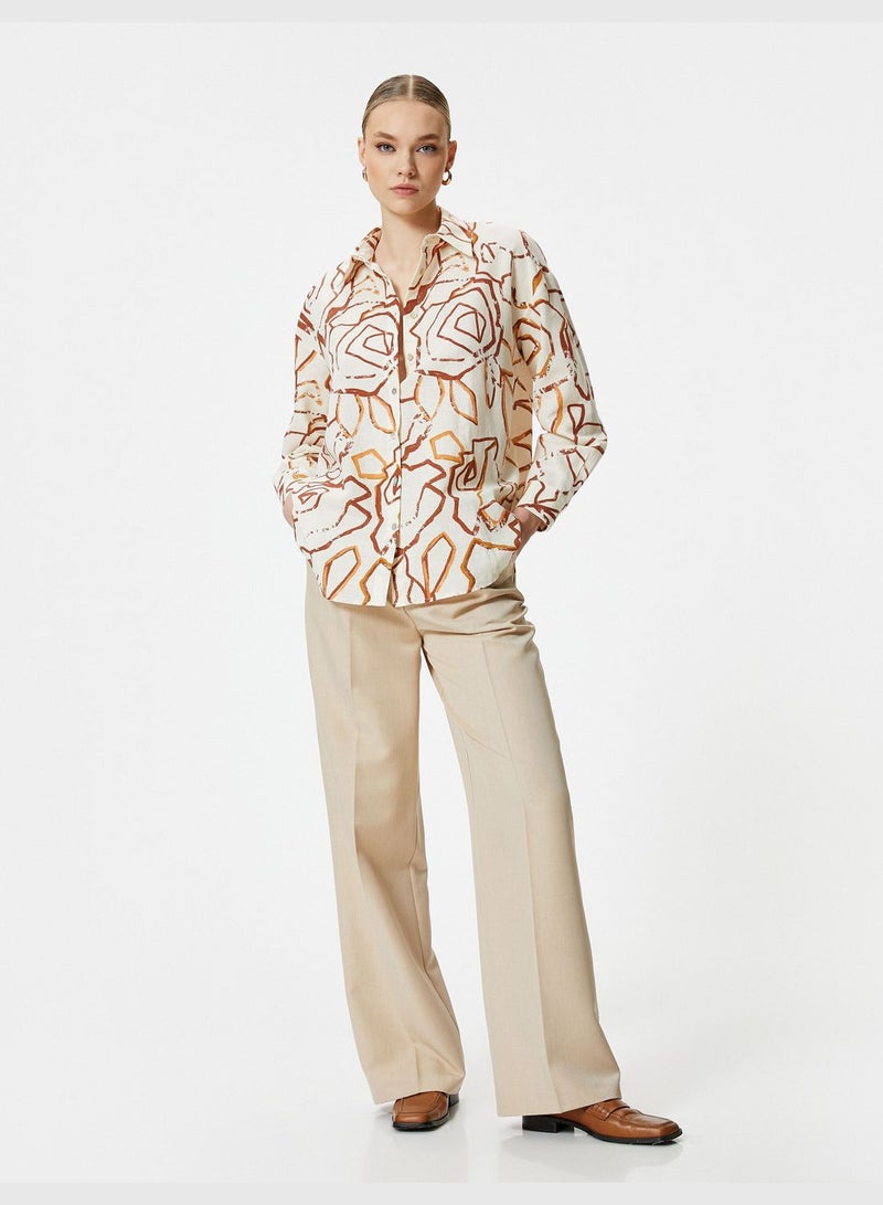 Buttoned Linen Cotton Mix Patterned Long Sleeve Shirt