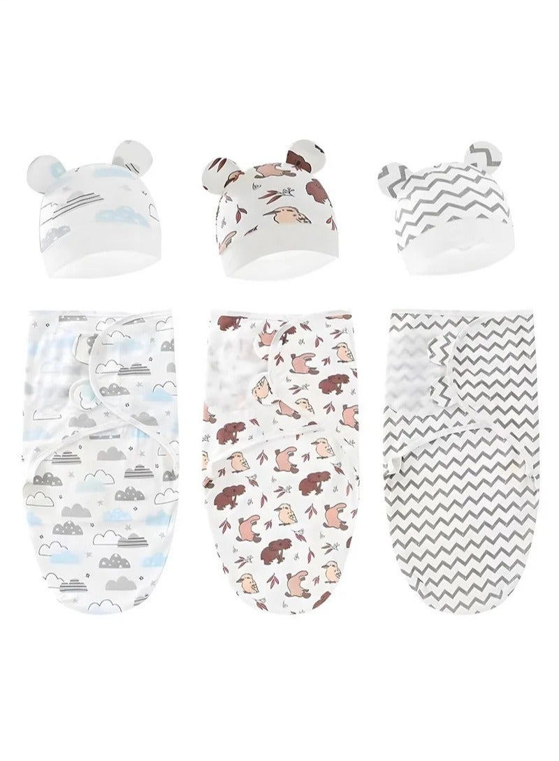 6 PCS Baby Swaddle Blanket Wrap Cap Set Newborn Infant Sleep Sack With Caps 100% Breathable Cotton 0-6 Month