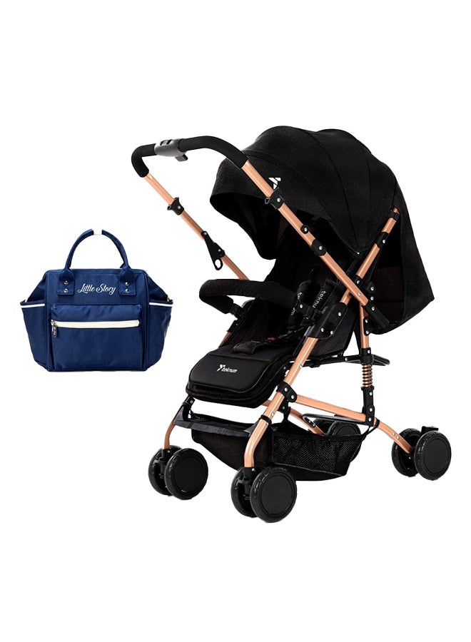 Reversible Trip Stroller with Blue Ace Diaper Bag - Black