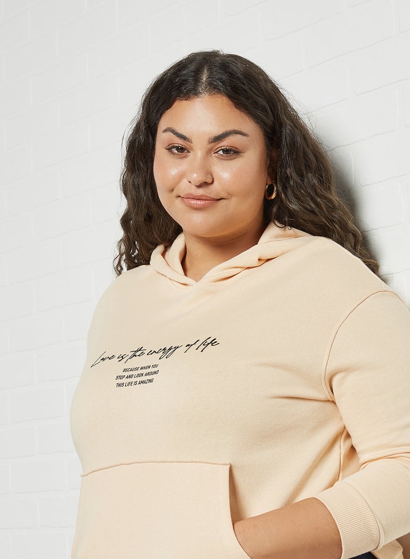 Plus Size Text Print Hoodie Ecru