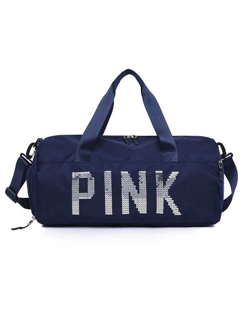 Large Capacity Letter Printed Sequins Luggage Bag Travel Bag Sports And Fitness Bag Dry Wet Separation Duffel Bag Navy Blue/Silver