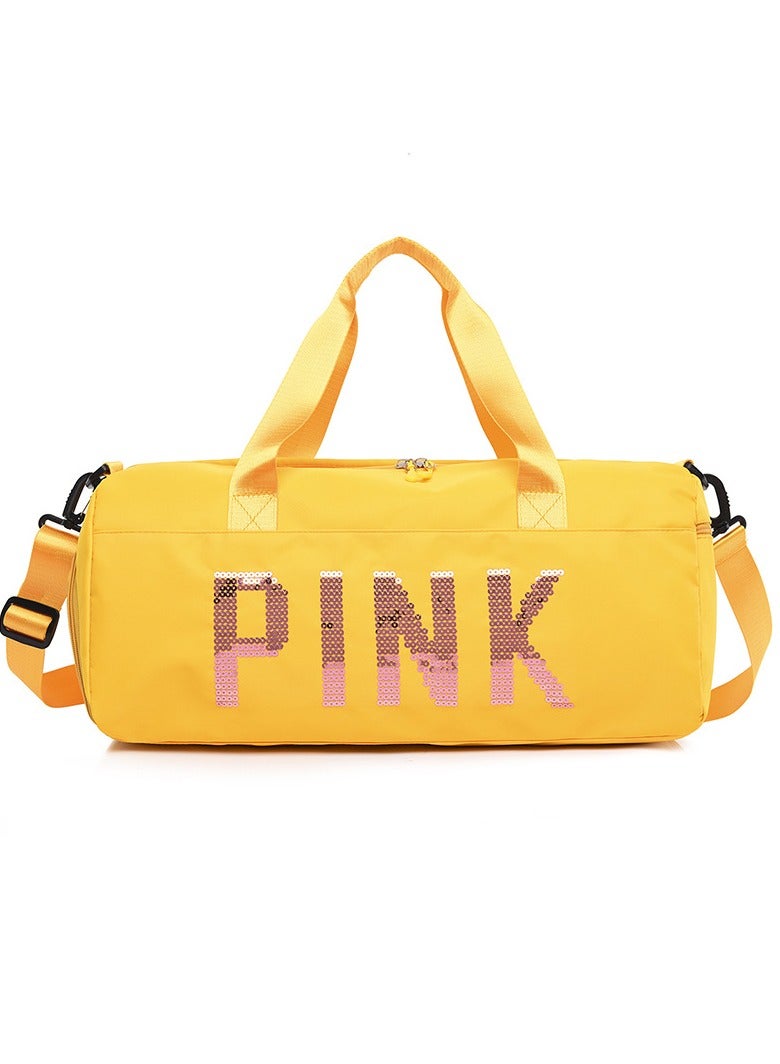 Large Capacity Letter Printed Sequins Luggage Bag Travel Bag Sports And Fitness Bag Dry Wet Separation Duffel Bag Yellow/Pink